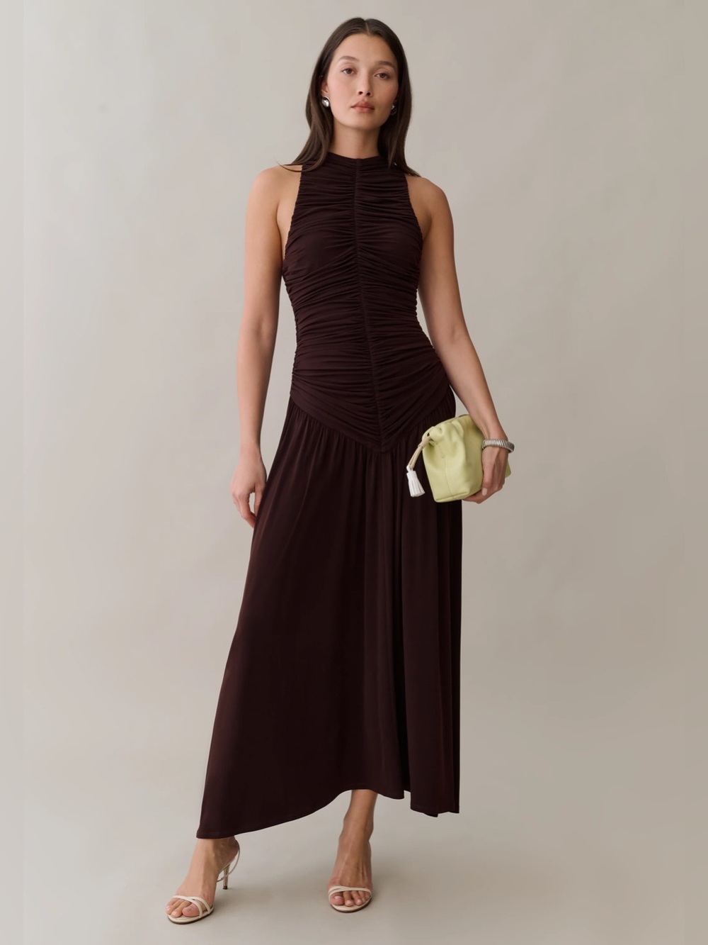 o.p.t Shania Dress Ruched Halter Maxi Dress in Dark Brown size XS